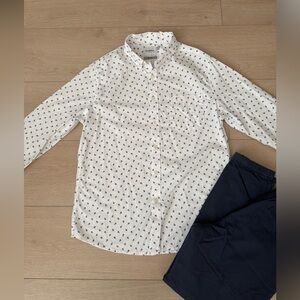 White Button-Up Shirt with Navy Print